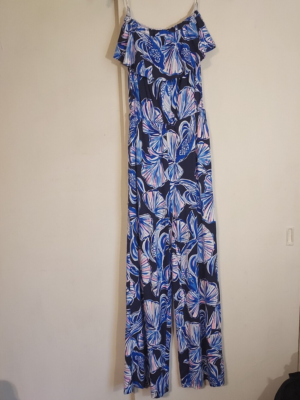 Lilly Pulitzer XXS Navy Blue & Pink Floral Off-Shoulder Jumpsuit